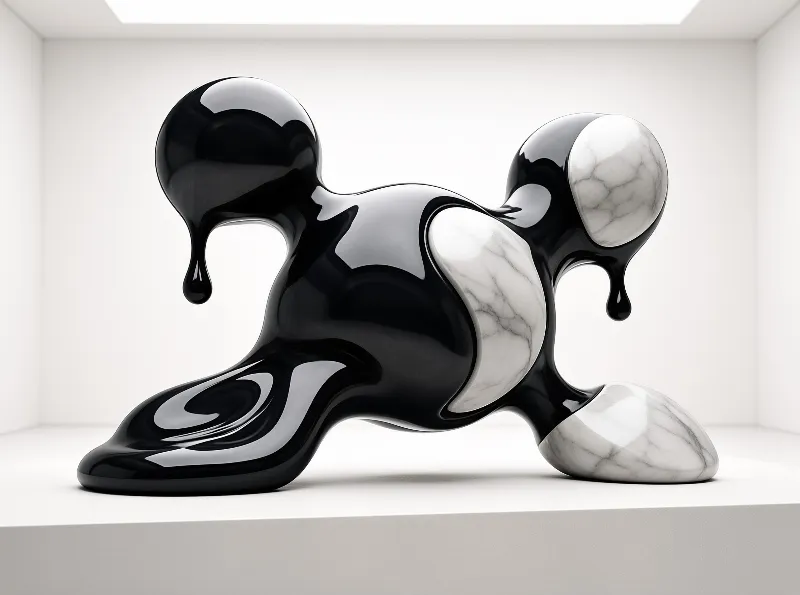 A biomorphic sculpture of glossy black liquid and white marble rests on a plinth beneath a skylit white room.
