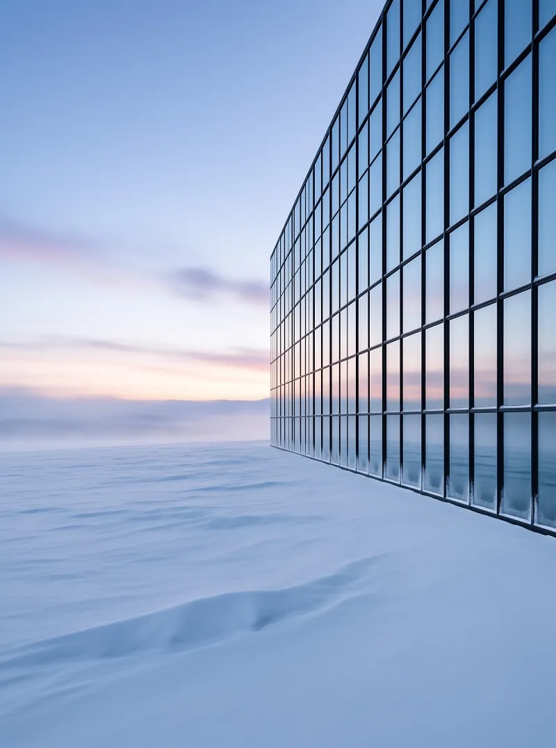 A curved glass structure stands on the right amidst a vast white snowfield under a gradient blue and pink sky.
