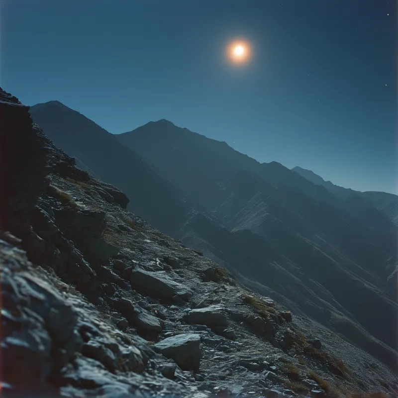 A rugged rocky foreground frames distant blue ranges lit by a glowing moon in the deep night sky.