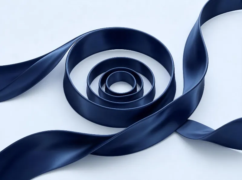 A navy blue ribbon forms a spiral shape with extended loops against a light gray background, showcasing smooth curves and a matte finish.