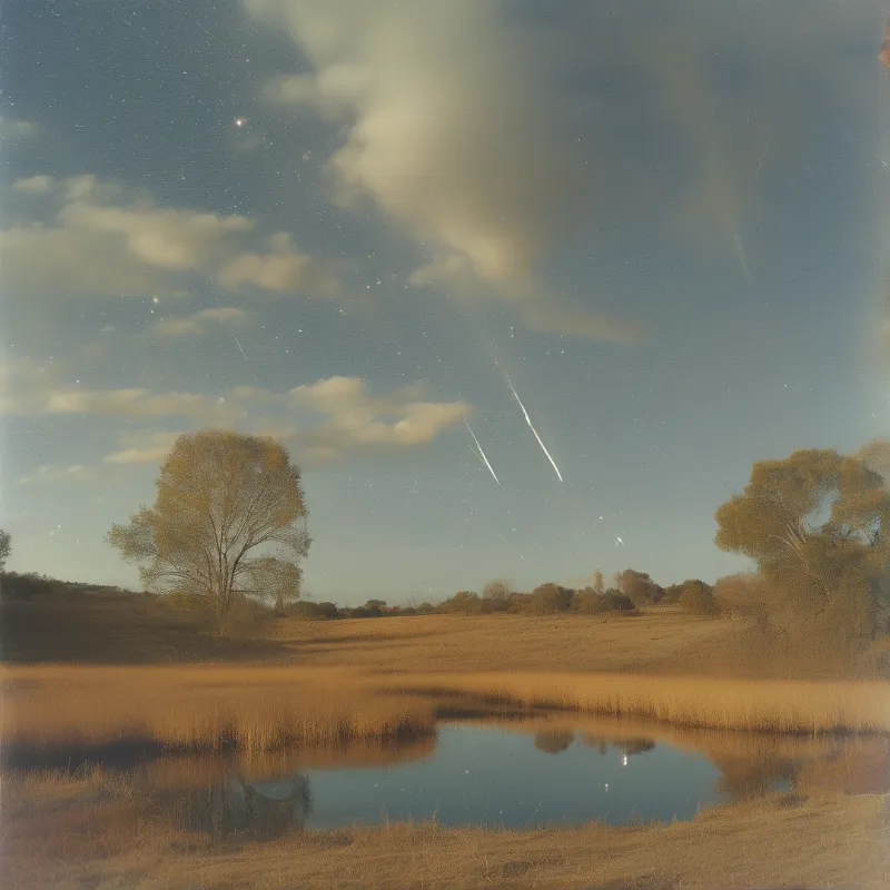 A grassy field with a reflective pond and trees beneath a cloudy night sky streaked with bright meteors and stars.