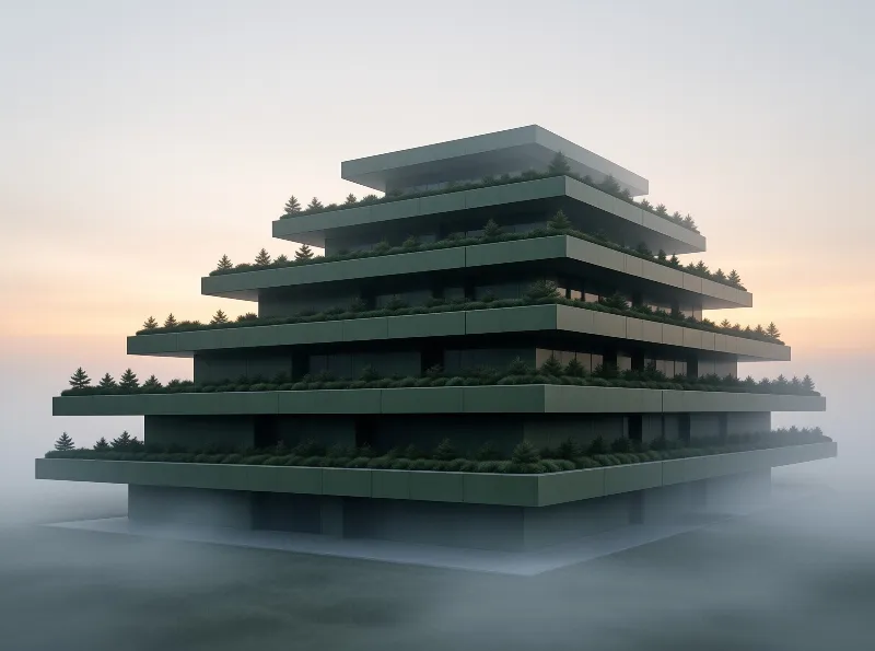 A broad stepped building stacks wide roof gardens of dwarf conifers, its pale green faces dissolving into low mist at dawn.