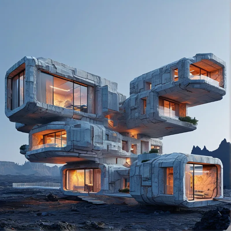 Chunky rock faced modules cantilever over dark volcanic ground, their windows burning amber against a cold blue sky.