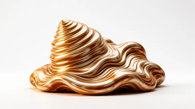 A glossy golden sculpture featuring swirling patterns rests on a plain white background under soft studio lighting.