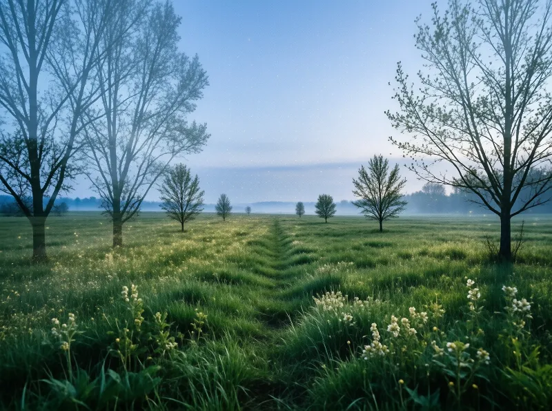 A green field stretches toward the horizon under a pale blue sky, framed by trees with a path cutting through the grass.