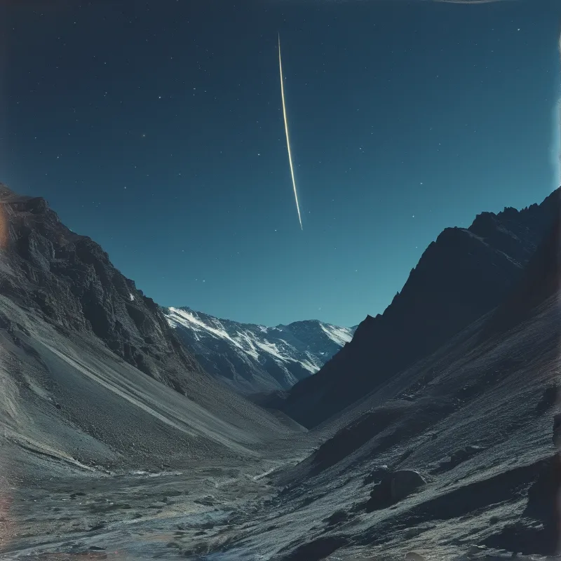 A bright light trails across the deep blue sky above a dark valley with snow capped peaks in the distance.
