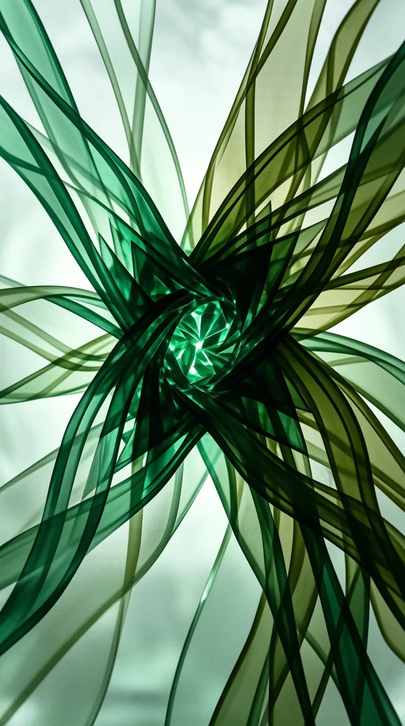 Radiating translucent emerald blades curve inward around a luminous faceted core illuminated by diffused pale ambient light.