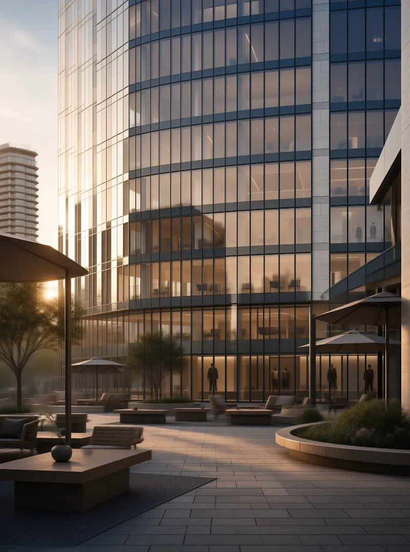 Glass Office Tower in Golden-Hour Courtyard