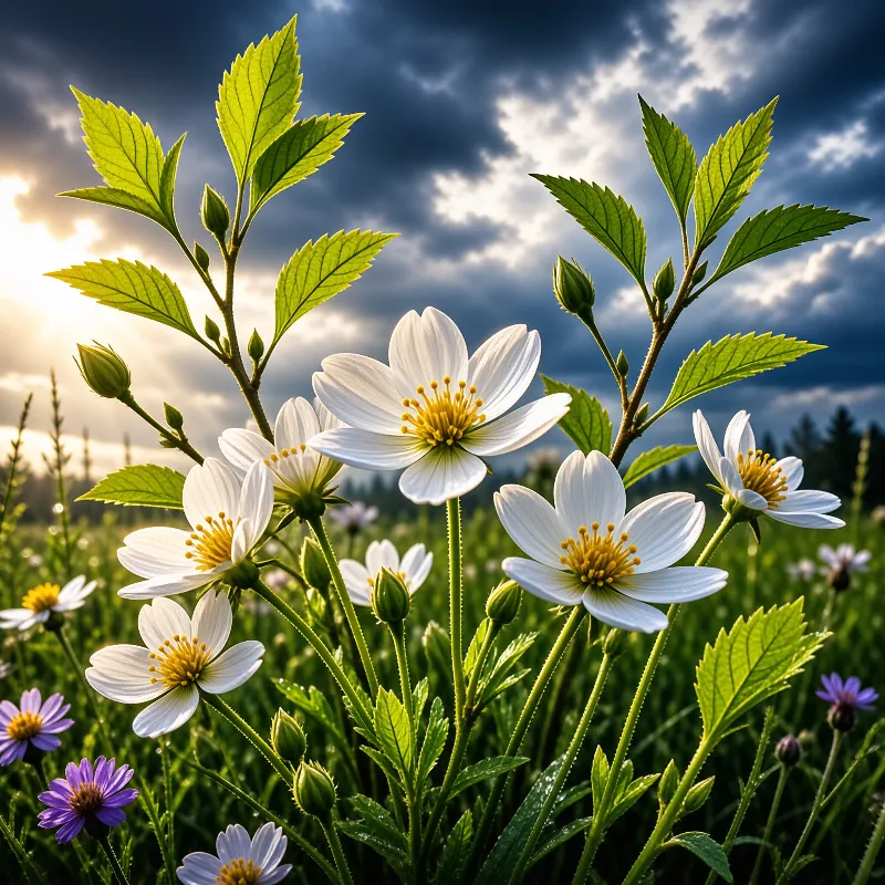 A cluster of white petaled yellow centered wildflowers grows in a grassy meadow under a dramatic sky with low sun and dark storm clouds.