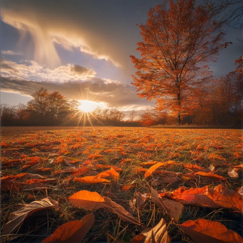 A tall copper tree stands at the edge of a meadow blanketed in fallen leaves under a radiant sun.