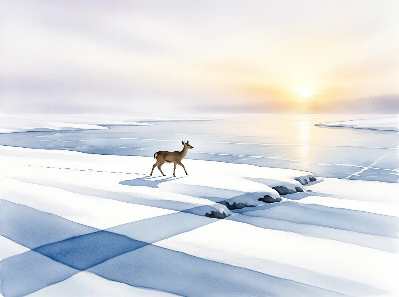 A brown deer walks along a frozen river where golden light reflects off the ice and casts long blue shadows on the snow.