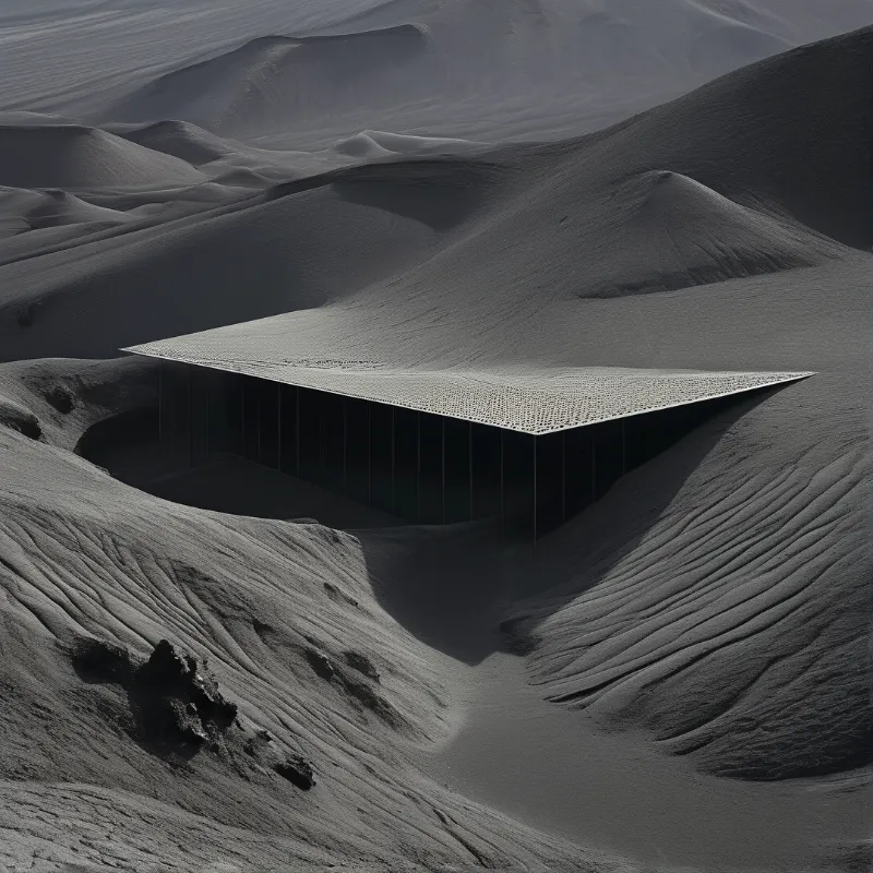 A flat perforated roof floats above a shadowed void beneath rolling wind carved dunes in grayscale tones.