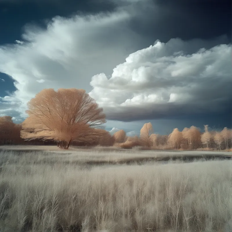 Orange trees and tall dry grass stand beneath a dramatic sky filled with heavy grey and white cumulus clouds.