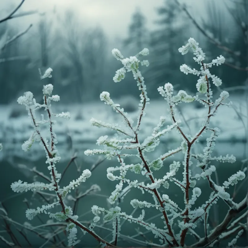 Brown twigs encased in white frost rise above a soft focus background of hazy teal woodland trees.