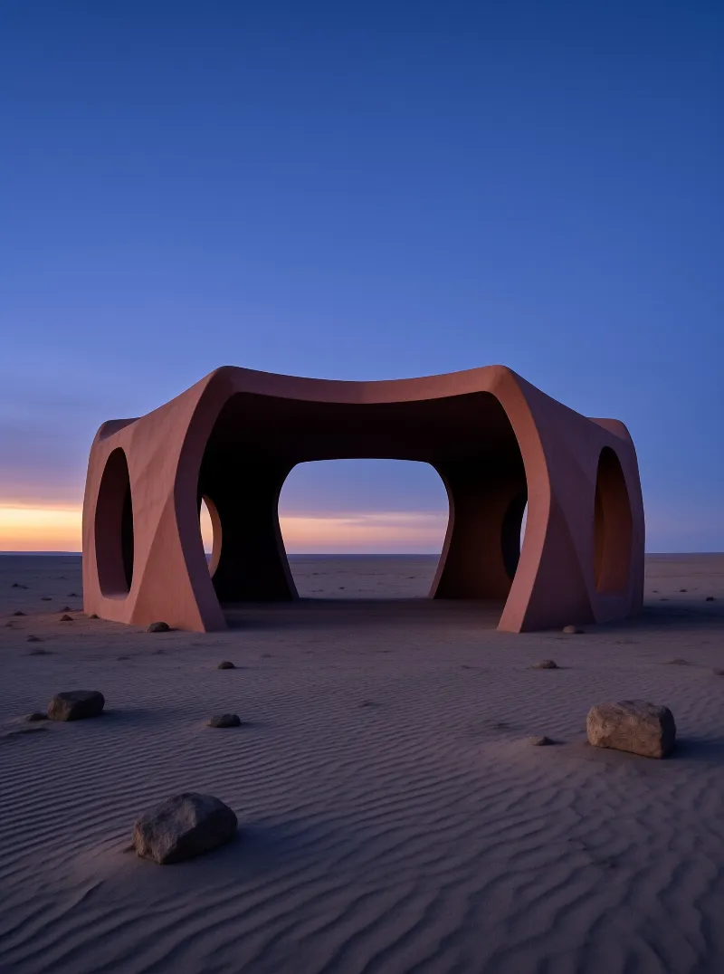 A reddish organic shelter with large arches stands in a vast desert under a blue and orange twilight sky.