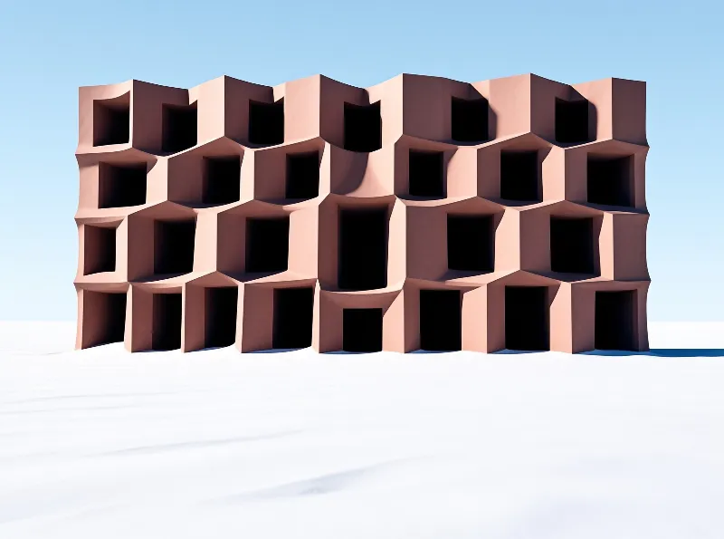 A salmon colored geometric concrete structure with deep recesses stands isolated on a white surface under a clear blue sky.