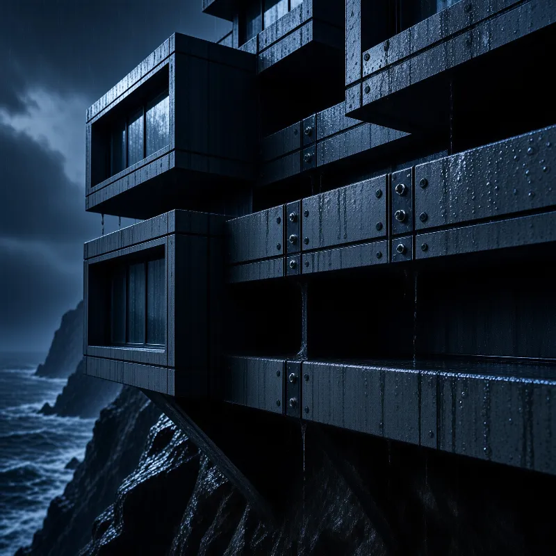 Rain-darkened steel cabins project from a black cliff above a churning sea under heavy storm clouds.