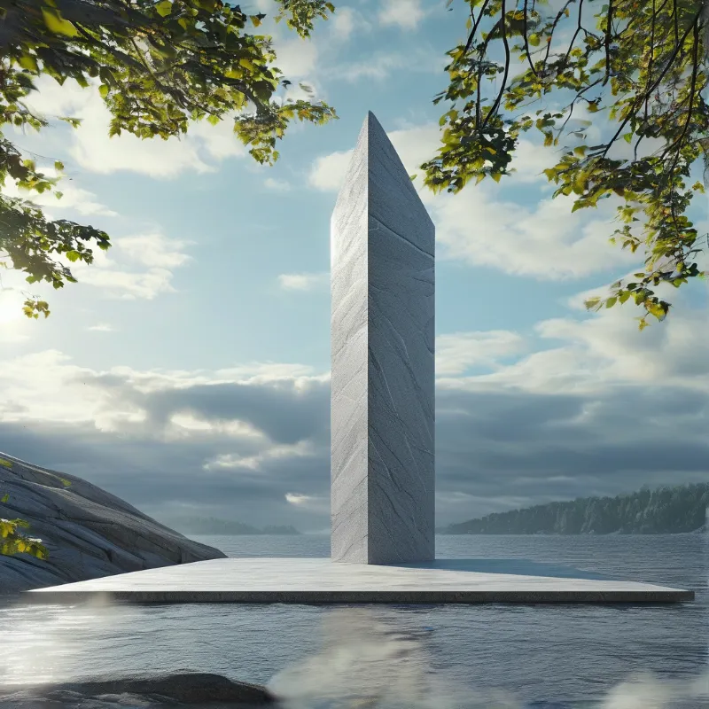A tall white stone pillar stands on a flat platform surrounded by blue water and distant trees under a cloudy sky.