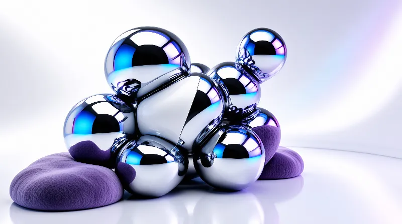 Glossy mirrored spheres pile atop soft violet pads against a bright white studio backdrop.