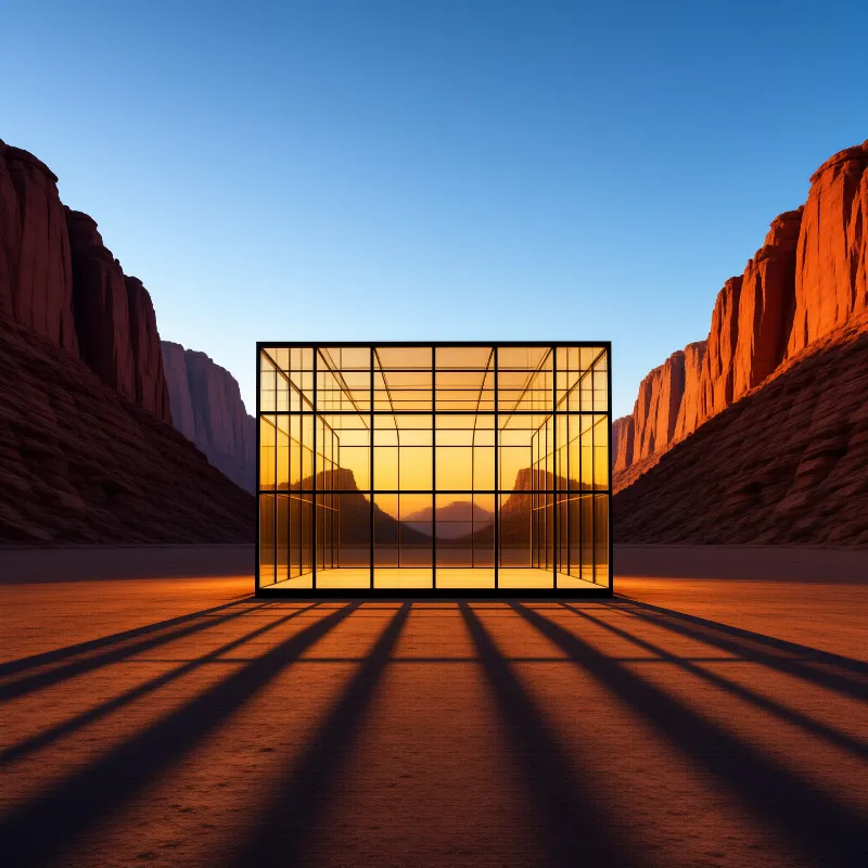 A glass cube structure sits in a desert canyon between red cliffs under a blue sky with long shadows.