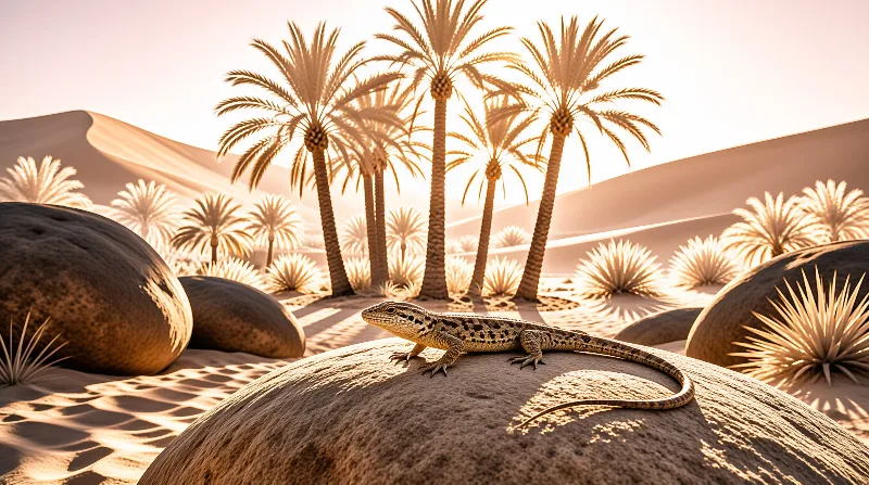 A patterned lizard rests on a smooth rock in a desert with tall palm trees and sand dunes under warm sunlight.