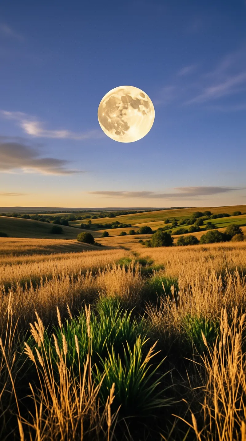 A large full moon shines above rolling hills of golden grass and scattered trees under warm twilight light.