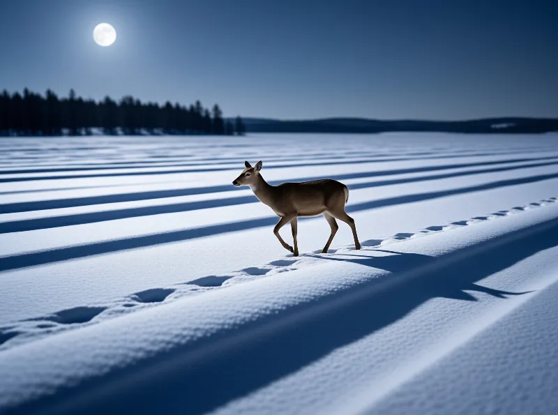 A lone doe walks across a frozen expanse leaving hoofprints while a full moon lights banded shadows on the snow.