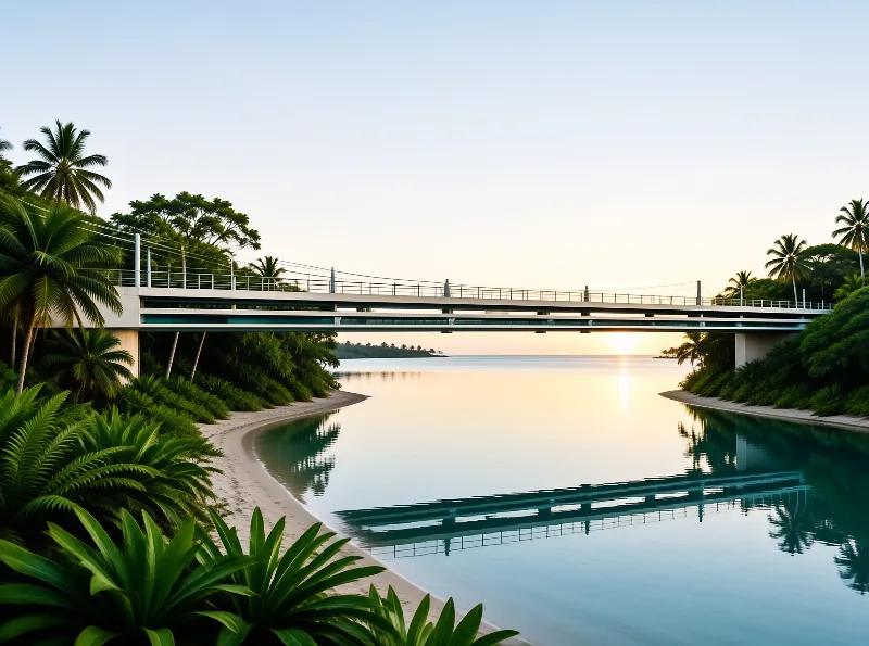 A low white bridge spans glassy water between palm lined banks as the setting sun turns the sky gold.