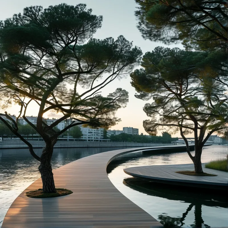 A curved wooden walkway winds through calm water with tall pine trees framing the view of a distant city skyline during sunset.