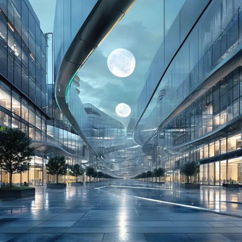 Curved glass skybridge spans a wet paved plaza at dusk, two bright moons float above sleek transparent futuristic city buildings.