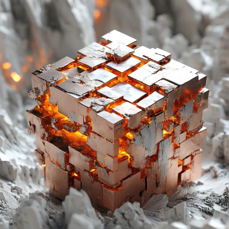 A cube built from small copper blocks glows molten orange in its gaps, resting on pale crystalline mineral ground.
