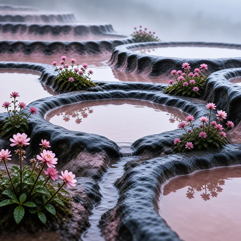 Dark stepped stones hold pink water with small blossoms growing in the crevices under soft misty light.