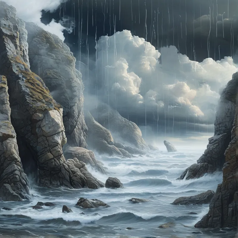 Steep rocky cliffs rise from turbulent ocean waves under a dramatic sky with water falling like a giant suspended waterfall.