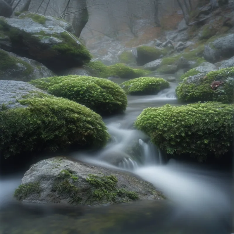 Smooth river water winds past thick moss covered grey boulders in a dim foggy forest, soft light gives a cool tranquil feel.