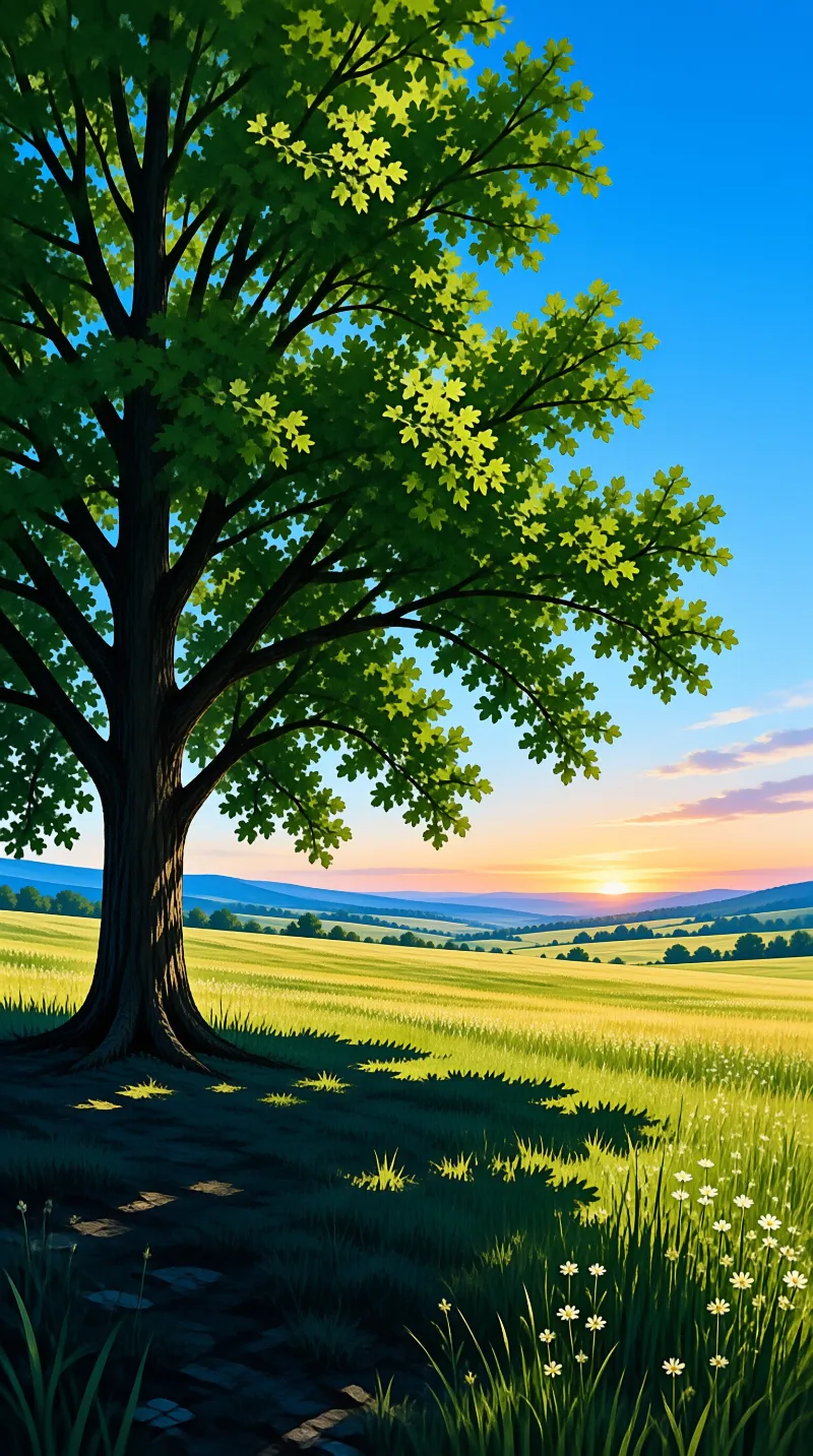 A large oak tree stands in a grassy field with rolling hills and warm sunlight illuminating the distant landscape.