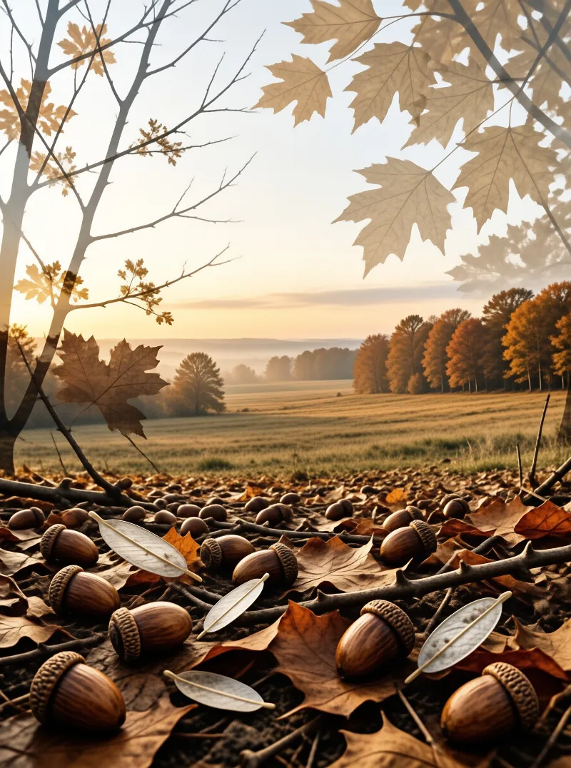 Acorns and fallen leaves scattered on the forest floor with a misty field and trees in the distance during golden hour.
