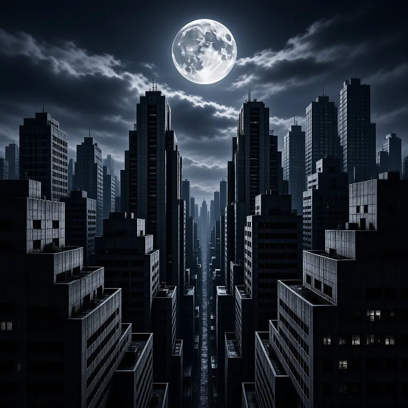 A bright full moon hangs in a cloudy night sky above a long canyon of dark high-rise buildings stretching into the distance.