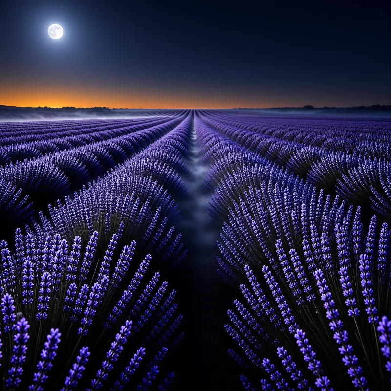 Neat rows of purple lavender stretch across a misty field toward a glowing moon and distant orange horizon light.