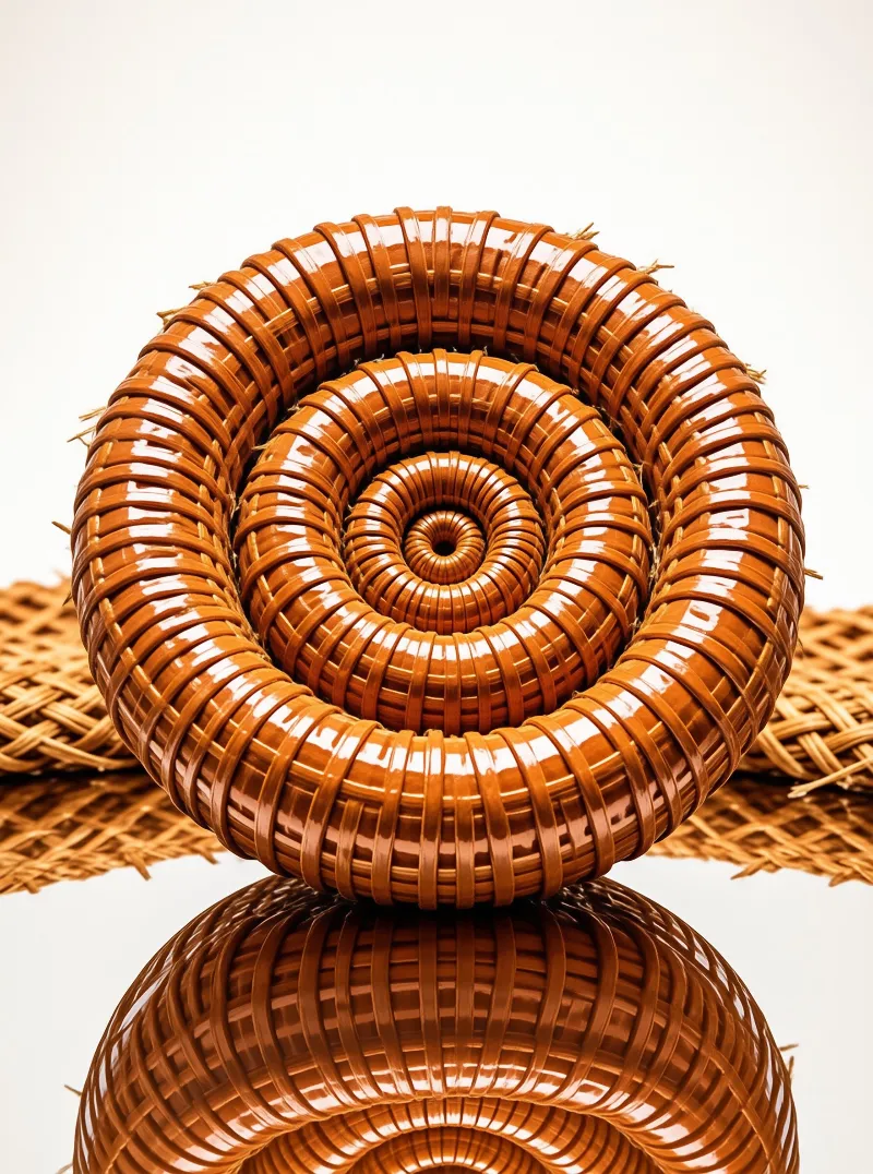 A close up view of a shiny brown spiral coil resting on a white surface with woven baskets blurred in the background.