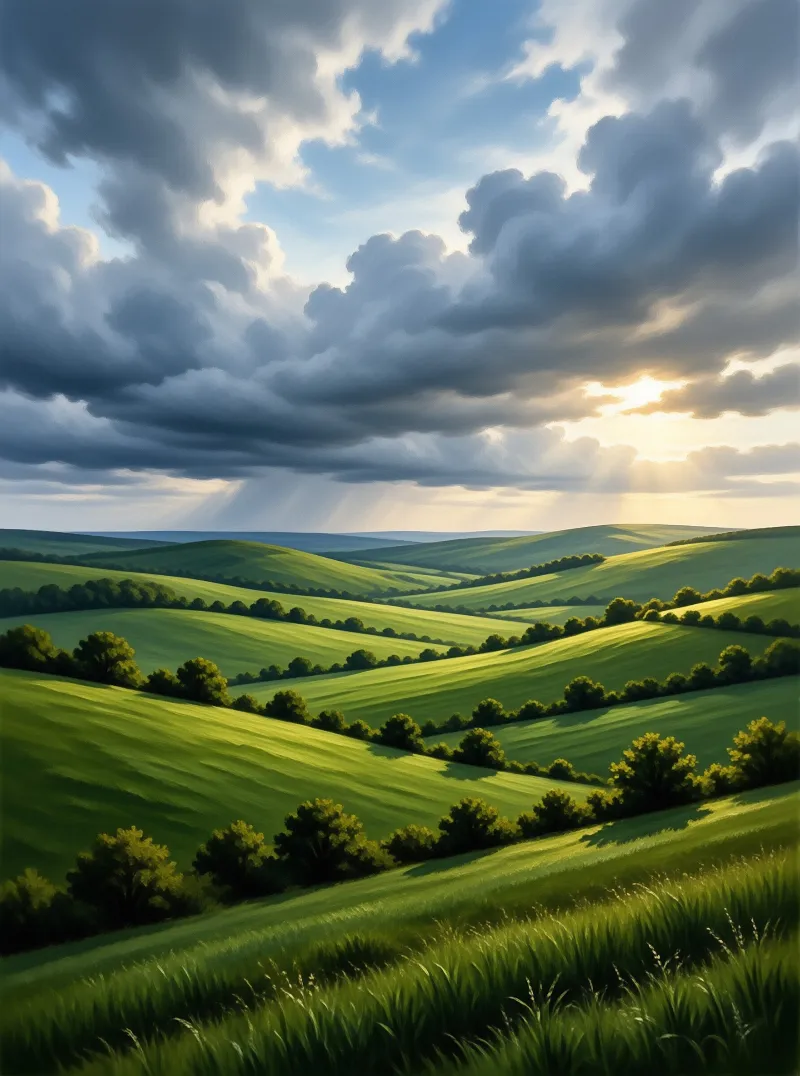 Rolling green hills stretch into the distance beneath a sky of dark clouds pierced by bright sunbeams
