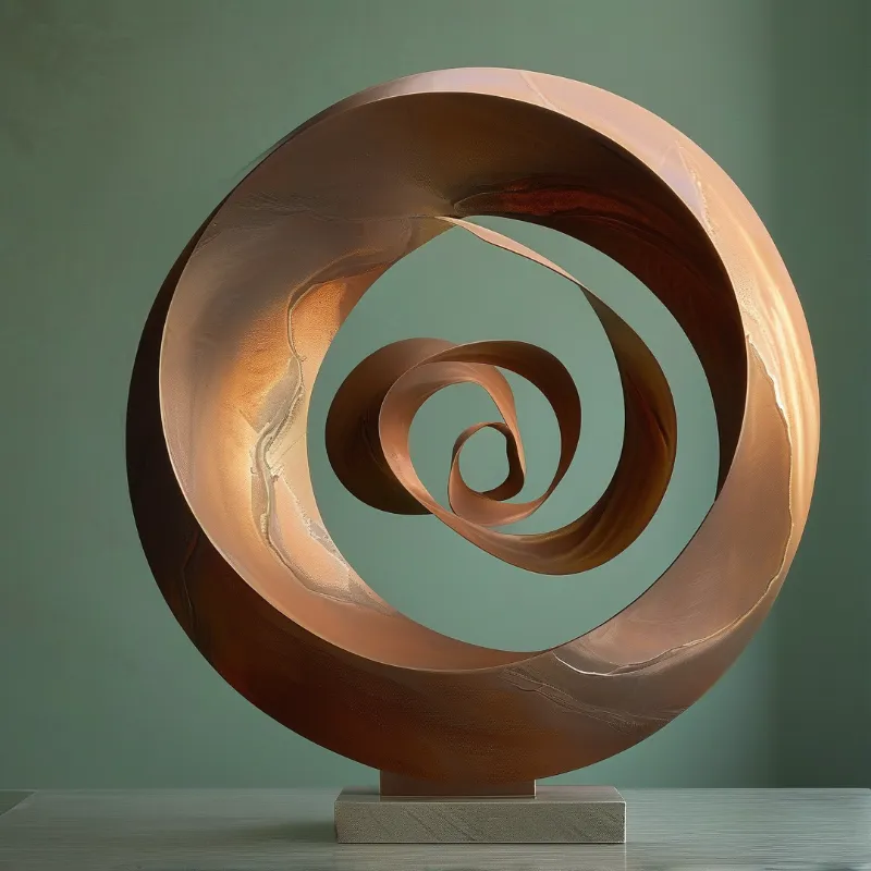 A polished bronze spiral sculpture rests on a stone base against a muted green wall with soft directional lighting