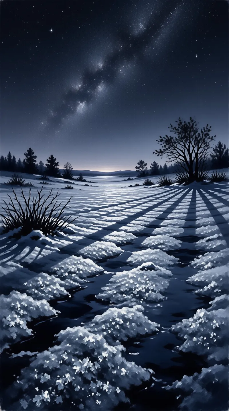 Dark shadows cross white snow mounds while the galaxy arcs over a silent forest horizon under a starry blue atmosphere.