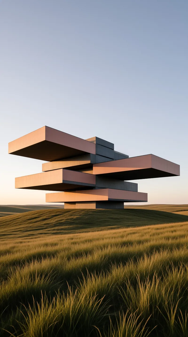 A modern architectural structure composed of layered rectangular volumes stands on a grassy slope as warm golden light bathes the scene beneath a clear blue sky