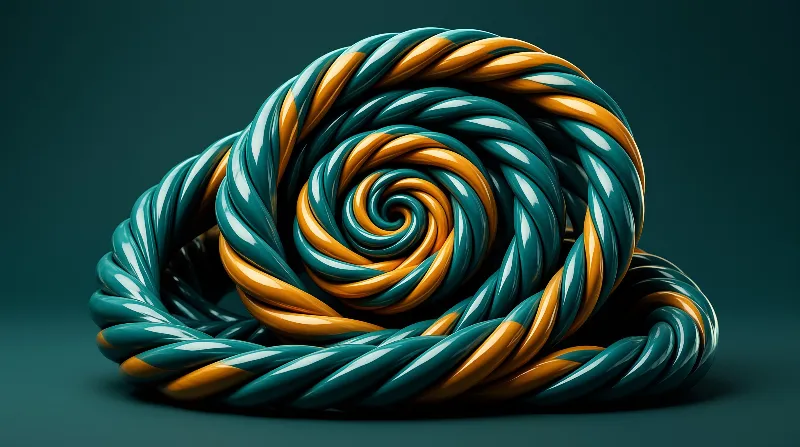 A glossy twisted structure made of interlocking teal and orange strips coiling into a tight spiral on a dark surface.