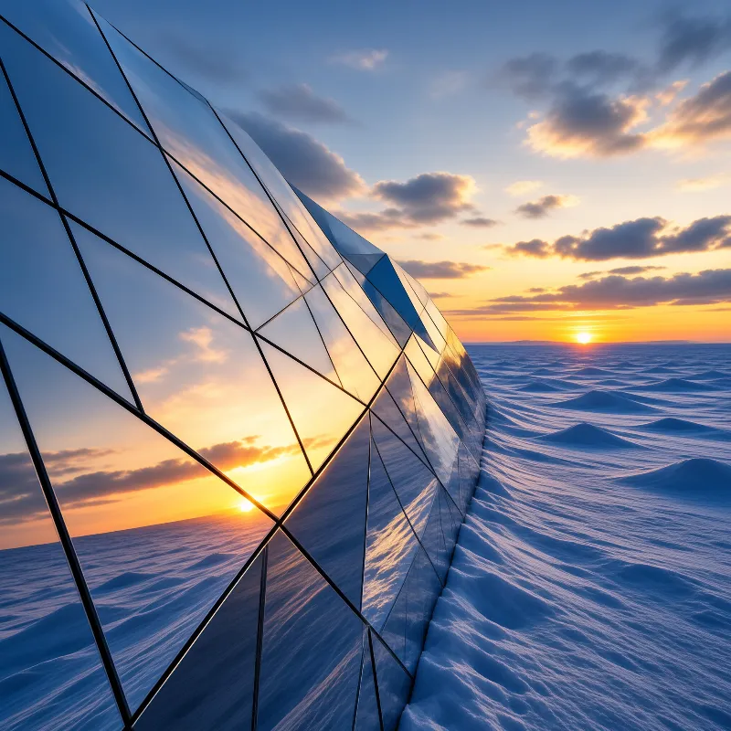 A faceted mirrored dome rises across a wind-rippled snowfield as low sun and clouds glow orange and blue along the horizon.