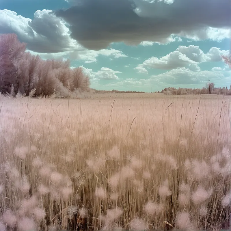 A field of pale grasses stretches toward a horizon of trees under a dramatic blue sky filled with dark clouds.
