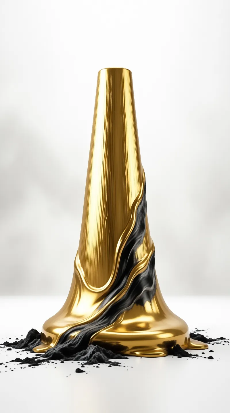 A tall metal cone stands on a white surface with black smoke flowing down its side and pooling at the base.