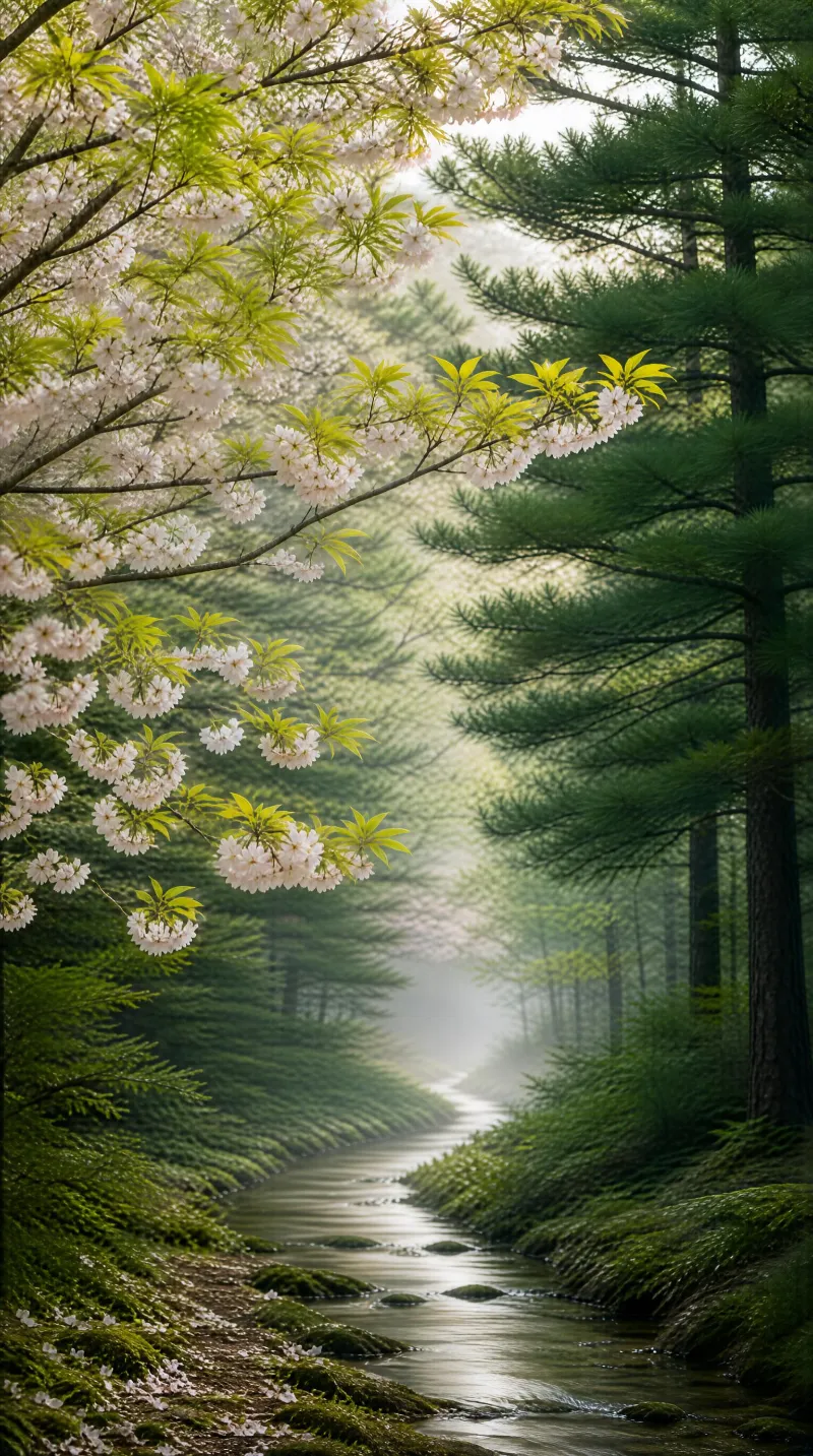 Cherry blossom branches hang over a winding stream in a dense, misty forest with moss-covered banks and scattered petals