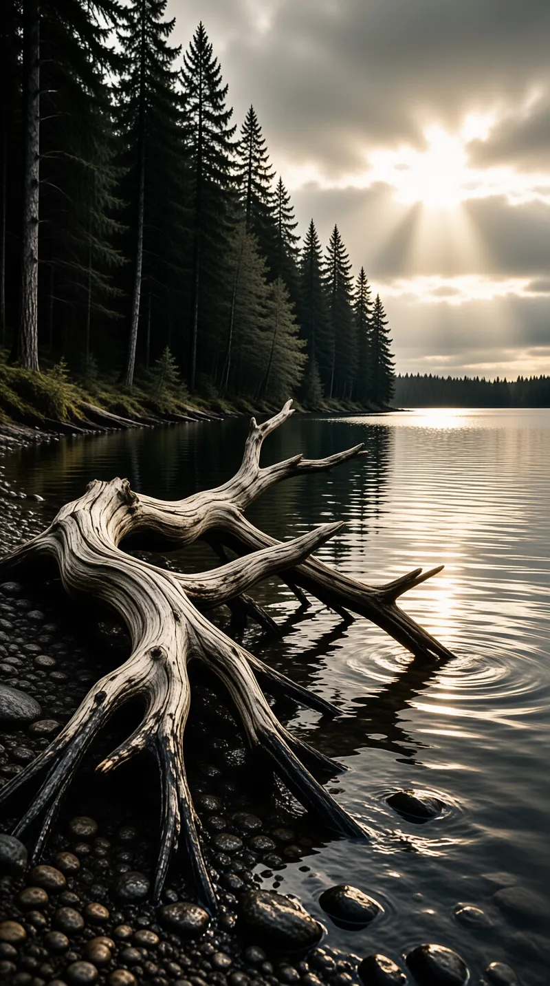 A weathered tree trunk extends from a rocky shore into calm water beneath sunbeams above a dense forest.