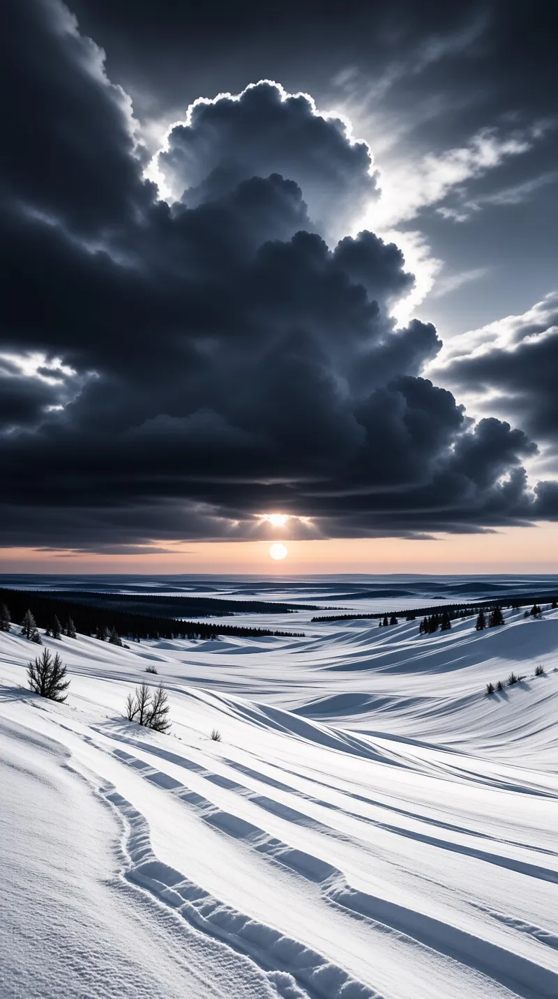 Frozen terrain features vehicle ruts leading toward a glowing horizon beneath heavy dark storm clouds.